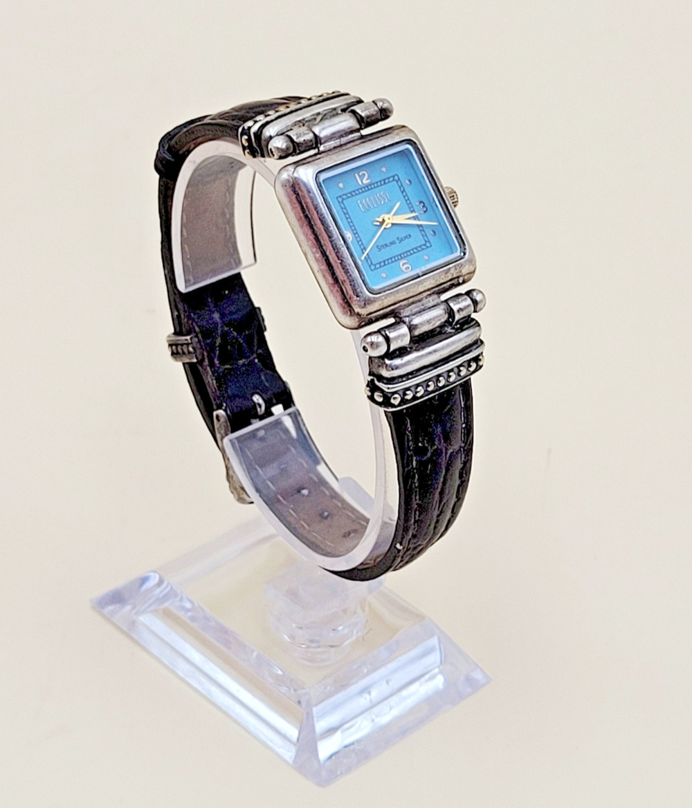 STERLING SILVER Ecclissi 22490 Case Turquoise Dial Square Dress Watch Vtg